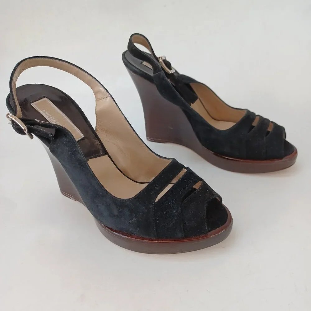 Michael Kors Black Suede Wedge Womens US 7.5 M Heels Retro Look Made‎ In Italy